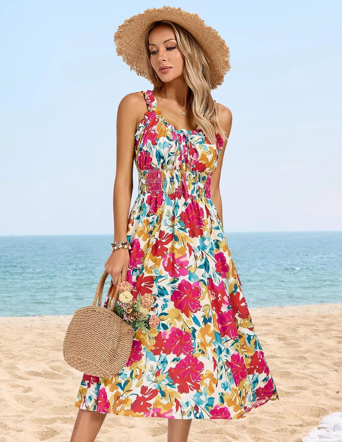 Kate Kasin Womens Dresses Floral Boho Casual Ruffle Sleeveless Square Neck A Line Beach Vacation Swing Midi Sundress