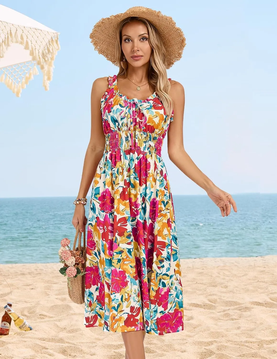 Kate Kasin Womens Dresses Floral Boho Casual Ruffle Sleeveless Square Neck A Line Beach Vacation Swing Midi Sundress