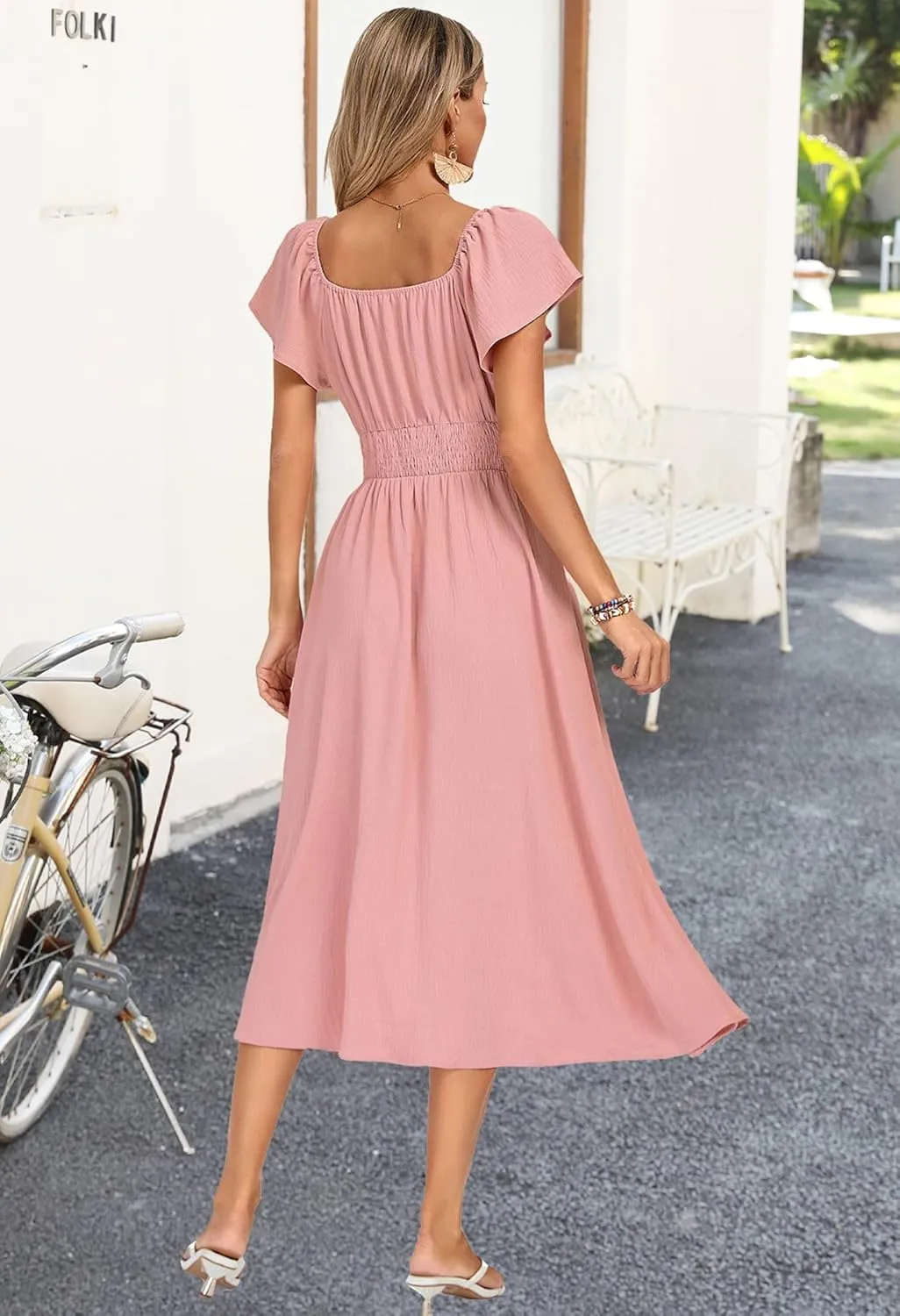 Kate Kasin Women's Summer Casual Short Sleeve V Neck Smocked Waist Split A Line Casual Vacation Boho Flowy Midi Dress