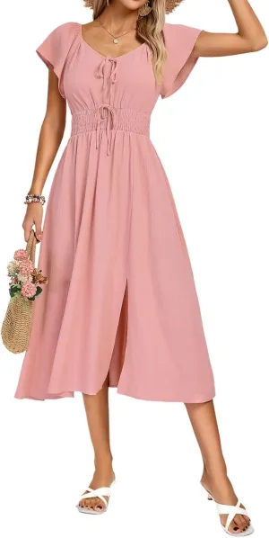 Kate Kasin Women's Summer Casual Short Sleeve V Neck Smocked Waist Split A Line Casual Vacation Boho Flowy Midi Dress