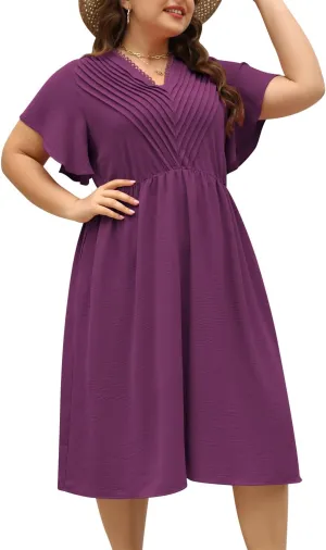 Keluummi Plus Size Dresses for Curvy Women, Summer Casual Midi Dress with Empire Waist and Pocket
