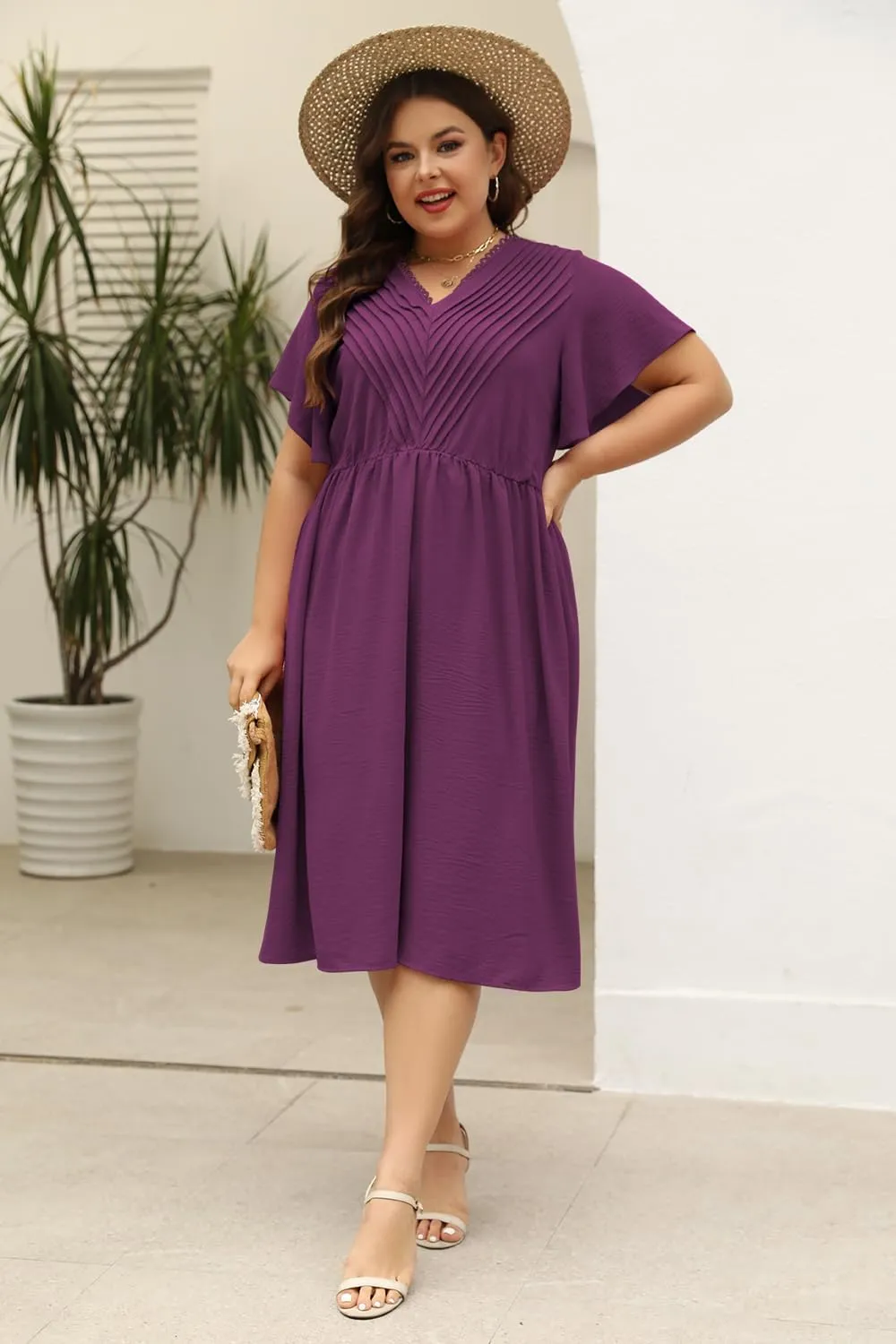 Keluummi Plus Size Dresses for Curvy Women, Summer Casual Midi Dress with Empire Waist and Pocket