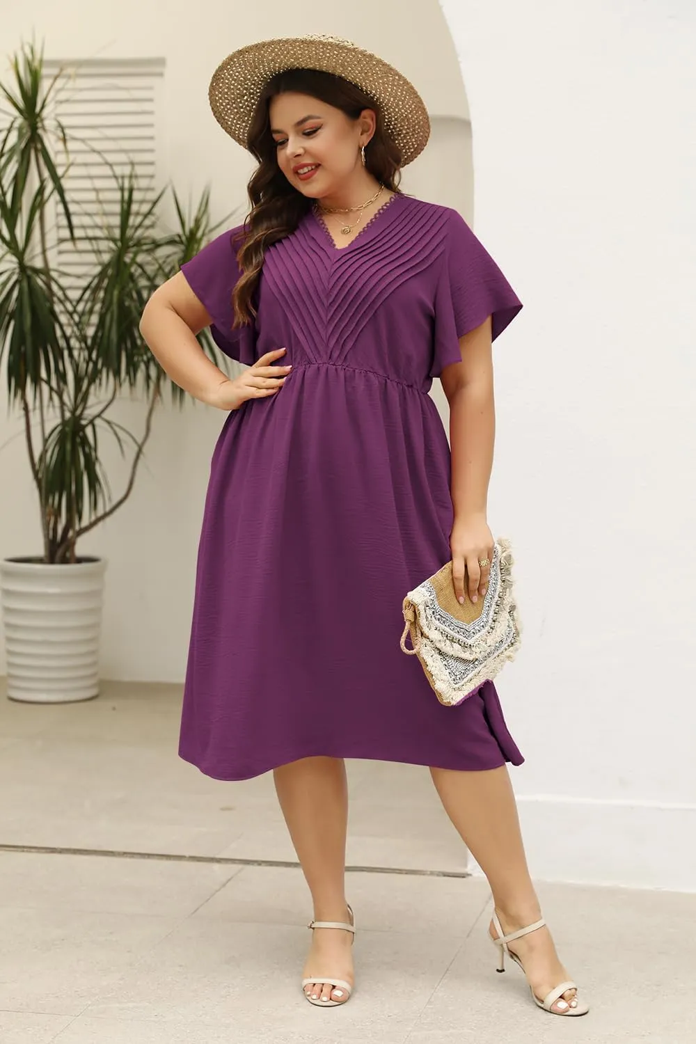 Keluummi Plus Size Dresses for Curvy Women, Summer Casual Midi Dress with Empire Waist and Pocket