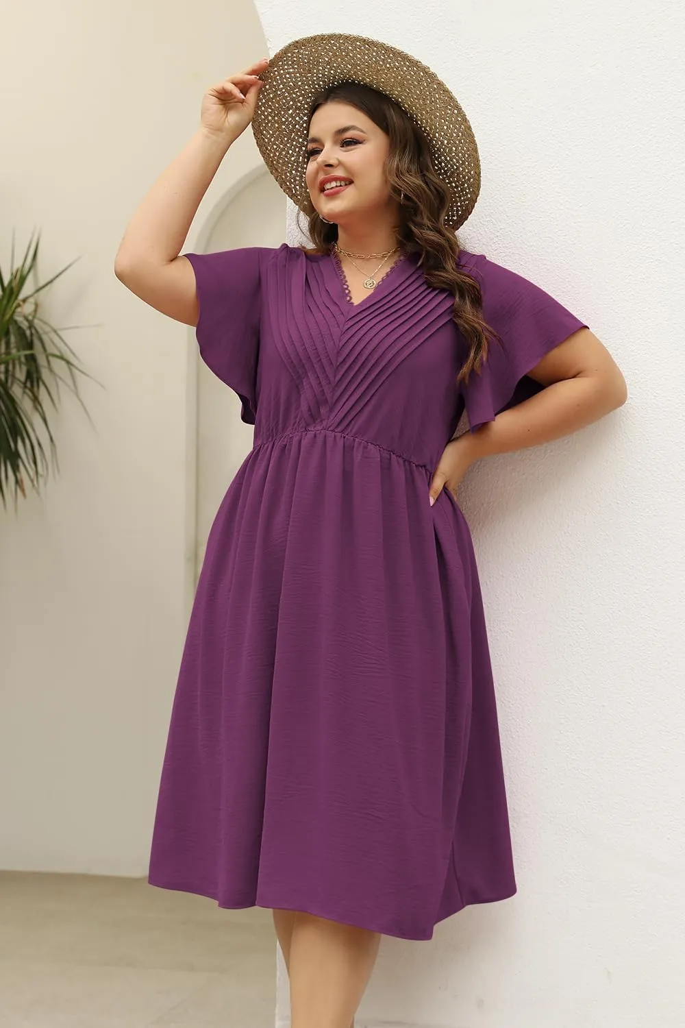 Keluummi Plus Size Dresses for Curvy Women, Summer Casual Midi Dress with Empire Waist and Pocket