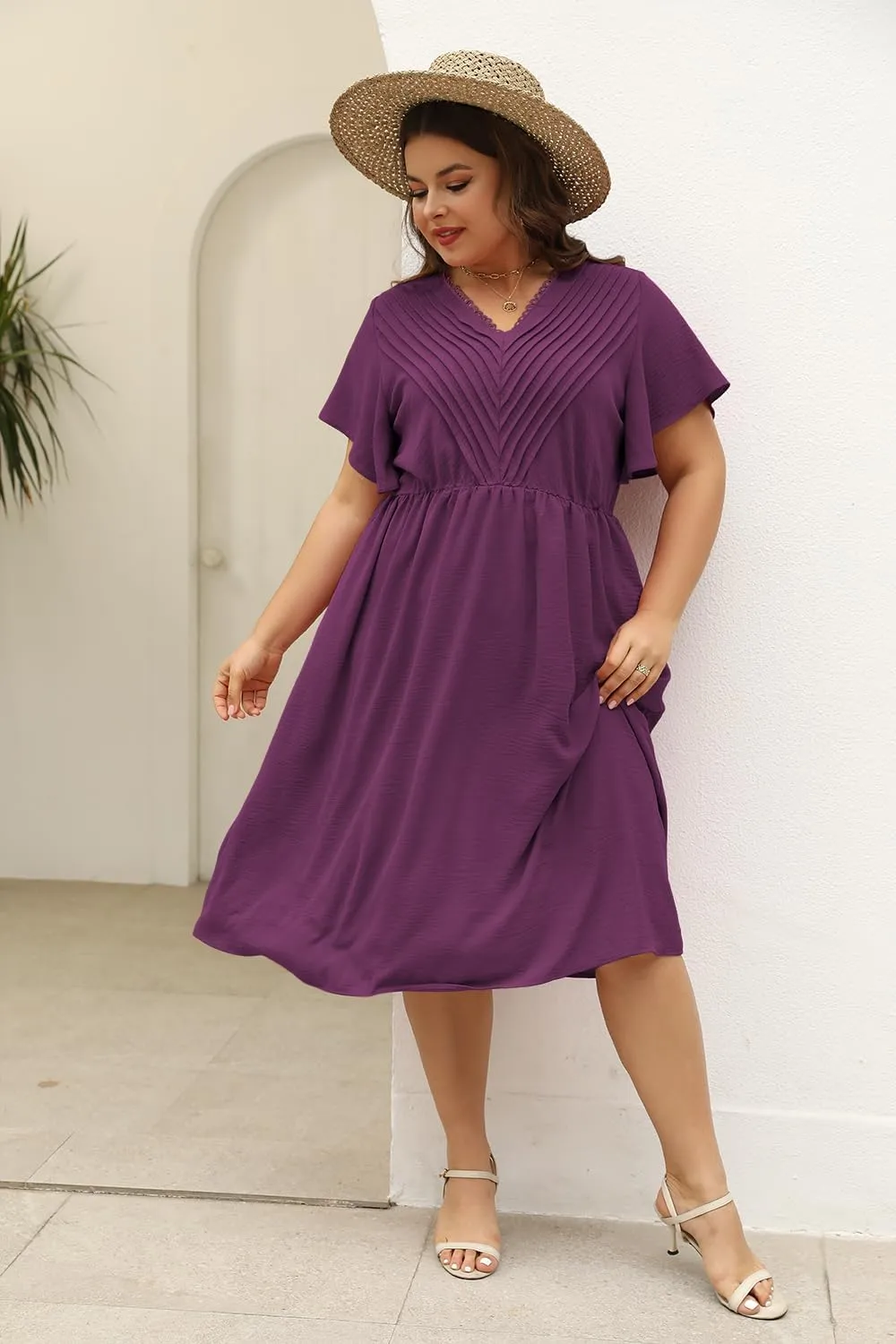 Keluummi Plus Size Dresses for Curvy Women, Summer Casual Midi Dress with Empire Waist and Pocket