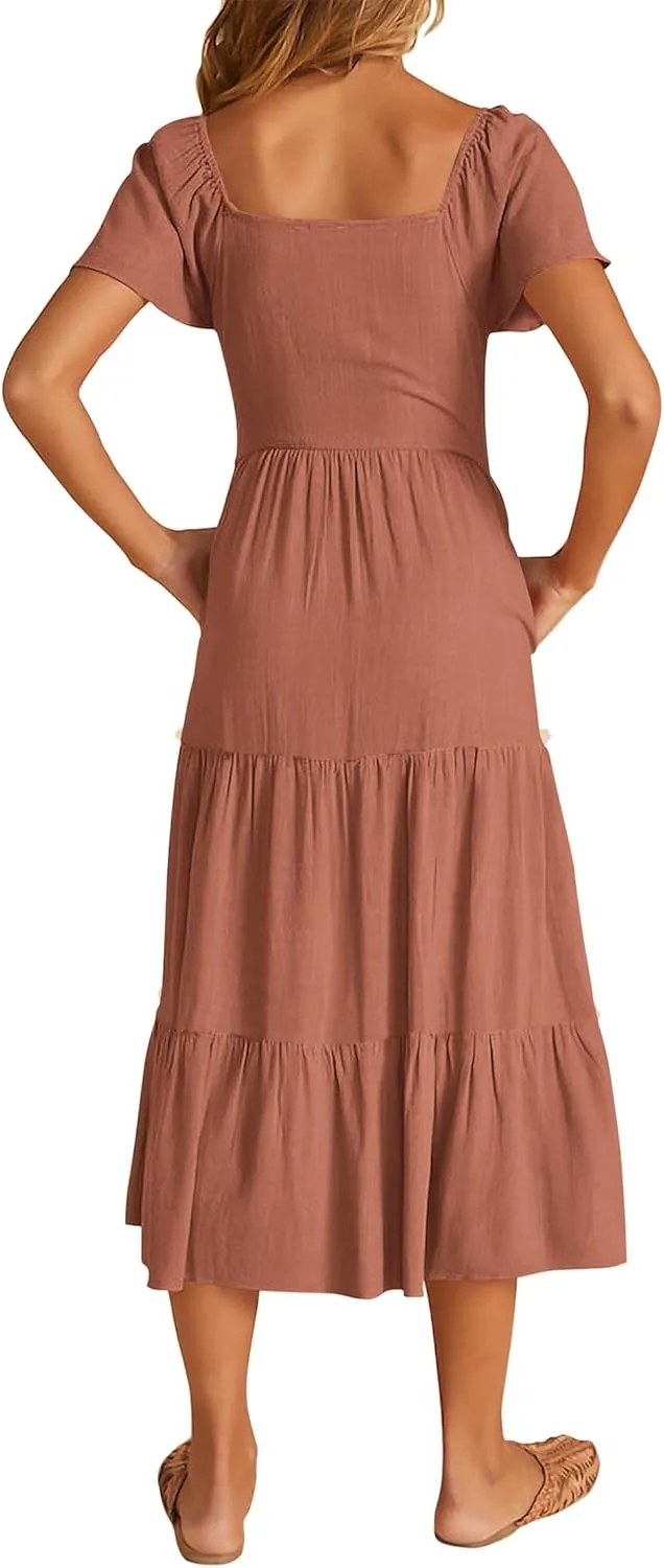 KIRUNDO Women 2025 Spring Summer Casual Linen Short Sleeve Midi Dress Button V Neck Tiered Vacation Sundress with Pockets
