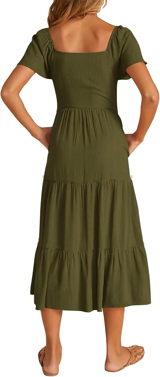 KIRUNDO Women 2025 Spring Summer Casual Linen Short Sleeve Midi Dress Button V Neck Tiered Vacation Sundress with Pockets