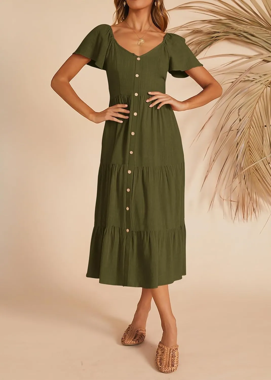 KIRUNDO Women 2025 Spring Summer Casual Linen Short Sleeve Midi Dress Button V Neck Tiered Vacation Sundress with Pockets