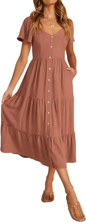 KIRUNDO Women 2025 Spring Summer Casual Linen Short Sleeve Midi Dress Button V Neck Tiered Vacation Sundress with Pockets