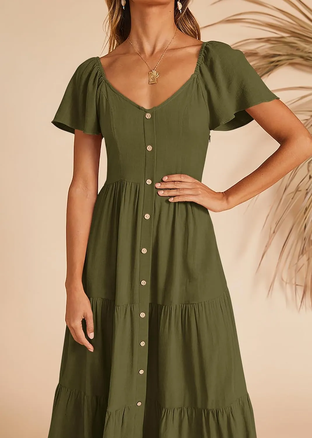 KIRUNDO Women 2025 Spring Summer Casual Linen Short Sleeve Midi Dress Button V Neck Tiered Vacation Sundress with Pockets