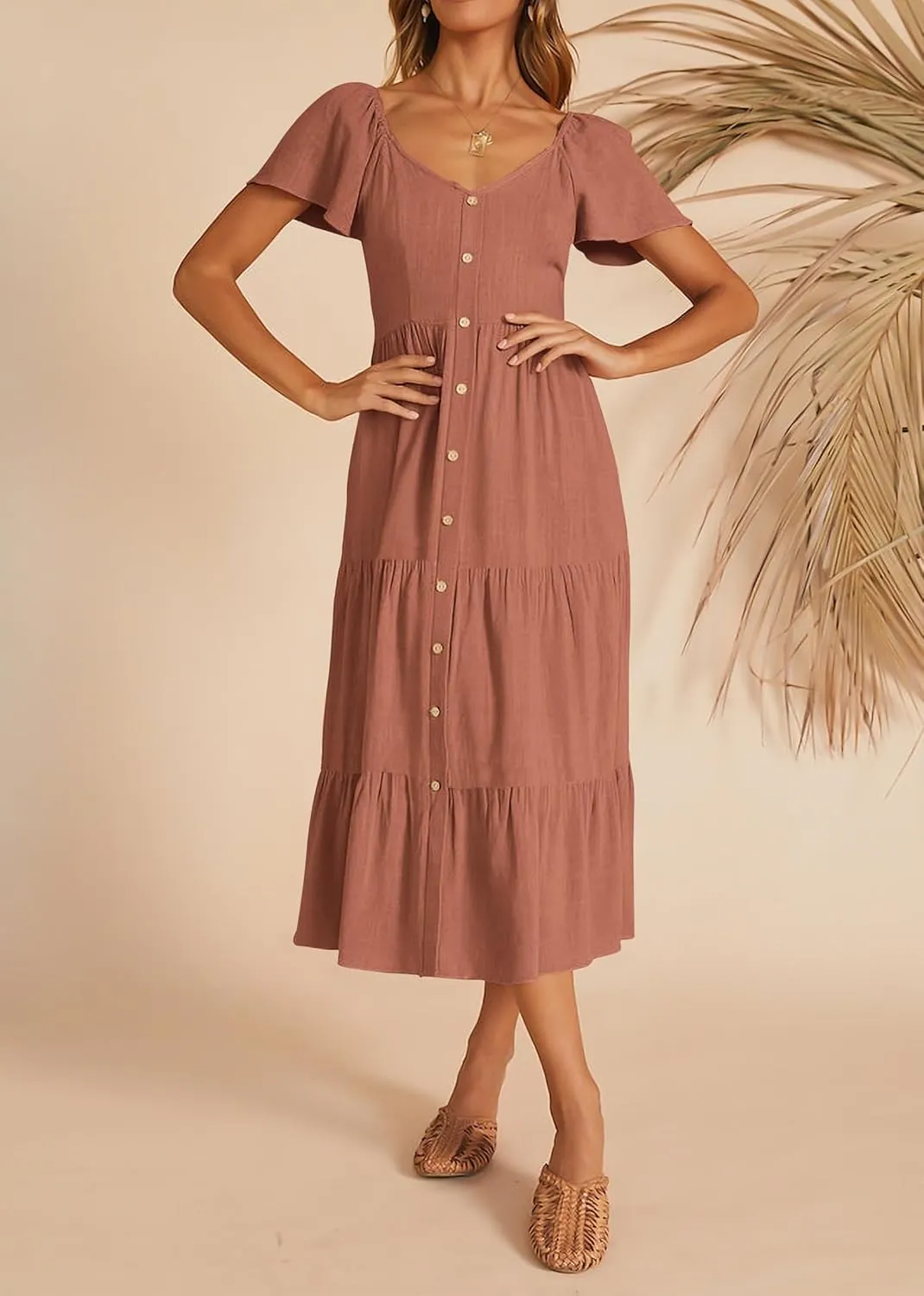 KIRUNDO Women 2025 Spring Summer Casual Linen Short Sleeve Midi Dress Button V Neck Tiered Vacation Sundress with Pockets