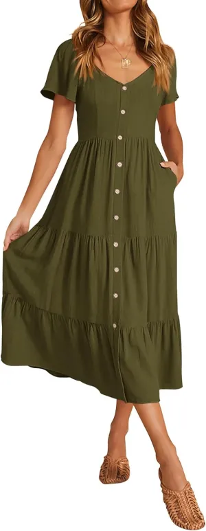 KIRUNDO Women 2025 Spring Summer Casual Linen Short Sleeve Midi Dress Button V Neck Tiered Vacation Sundress with Pockets