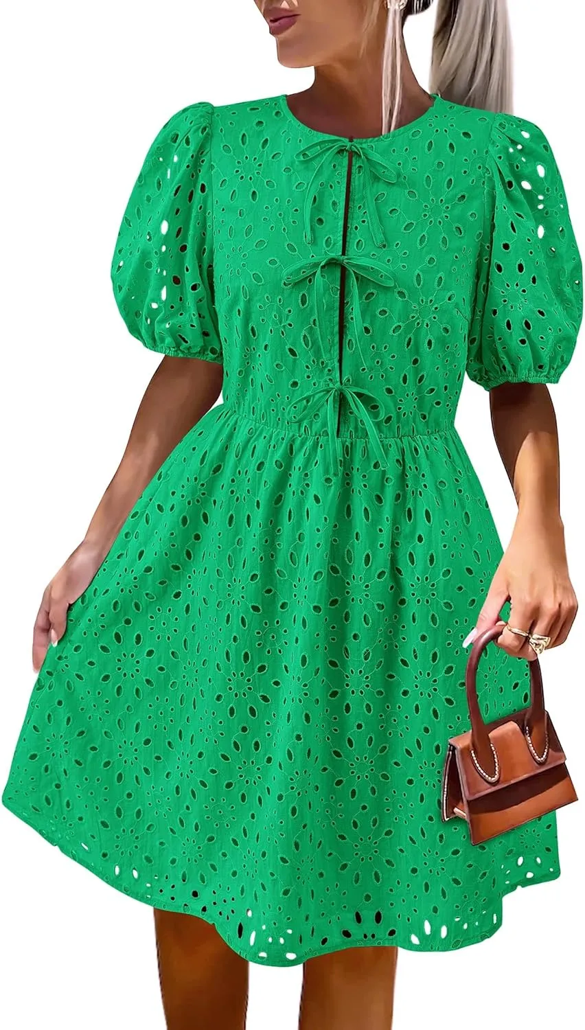 KIRUNDO Womens Summer Dresses 2025 Short Puff Sleeve Open Tie Front Eyelet Hollow Out A Line Wedding Guest Beach Sundress