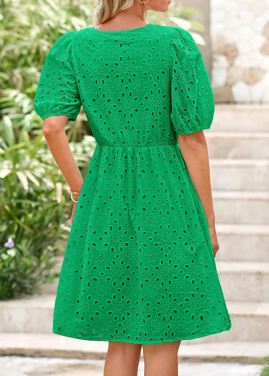 KIRUNDO Womens Summer Dresses 2025 Short Puff Sleeve Open Tie Front Eyelet Hollow Out A Line Wedding Guest Beach Sundress