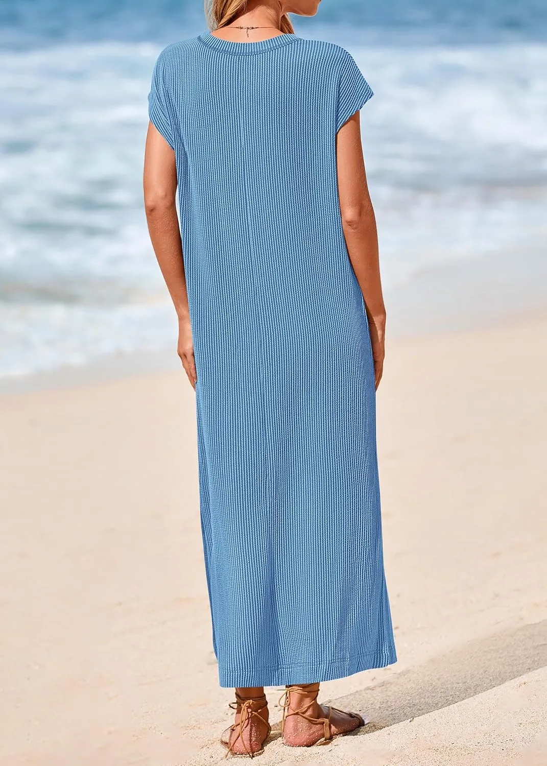 KIRUNDO Womens Summer Dresses Ribbed Knit Henley Short Sleeve Maxi Dress Button Up Loose Slit Beach Vacation Sundress