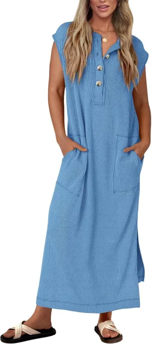 KIRUNDO Womens Summer Dresses Ribbed Knit Henley Short Sleeve Maxi Dress Button Up Loose Slit Beach Vacation Sundress