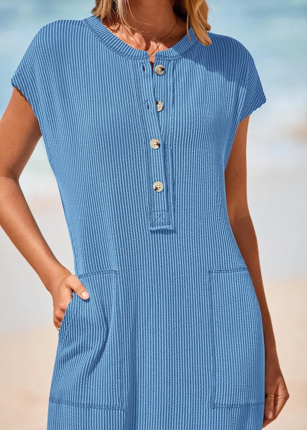 KIRUNDO Womens Summer Dresses Ribbed Knit Henley Short Sleeve Maxi Dress Button Up Loose Slit Beach Vacation Sundress