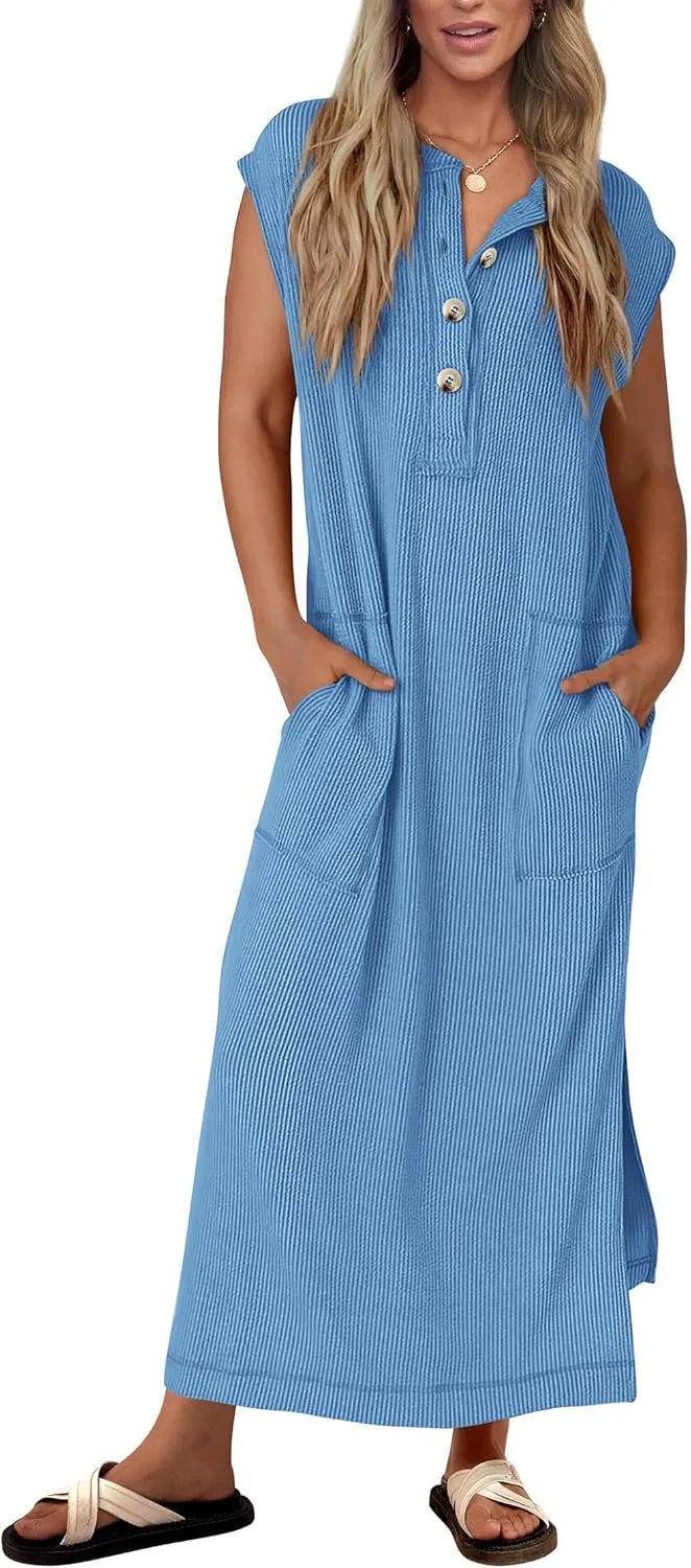 KIRUNDO Womens Summer Dresses Ribbed Knit Henley Short Sleeve Maxi Dress Button Up Loose Slit Beach Vacation Sundress