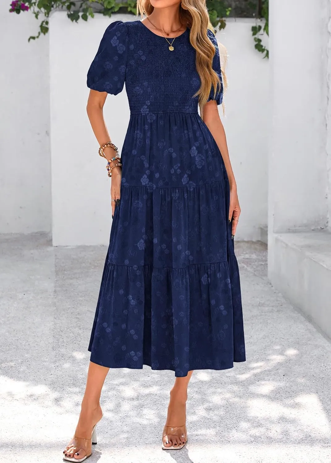 KIRUNDO Womens Summer Dresses Wedding Guest Floral Midi Sundress Short Puff Sleeve Flowy A Line Smocked Tiered Boho Dress