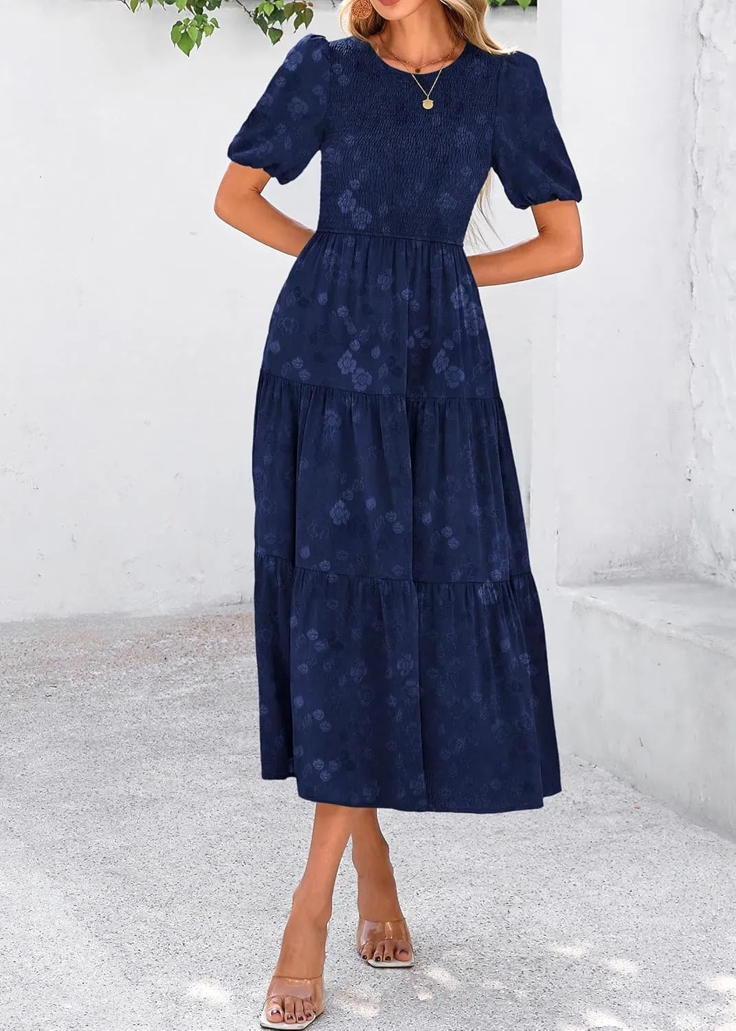 KIRUNDO Womens Summer Dresses Wedding Guest Floral Midi Sundress Short Puff Sleeve Flowy A Line Smocked Tiered Boho Dress