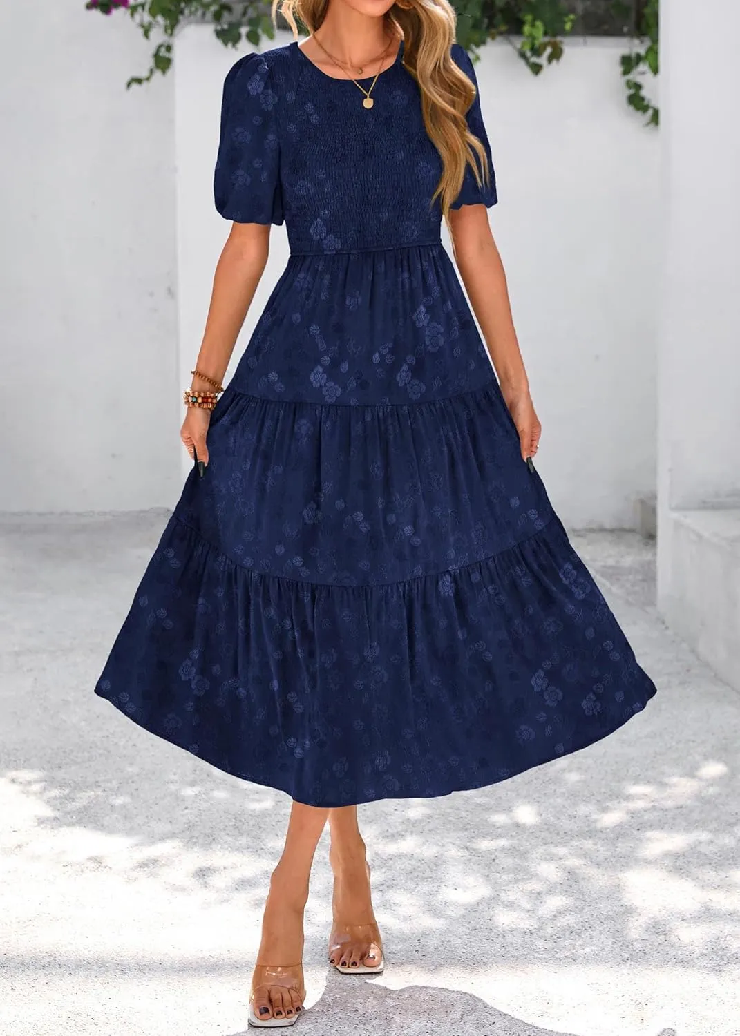 KIRUNDO Womens Summer Dresses Wedding Guest Floral Midi Sundress Short Puff Sleeve Flowy A Line Smocked Tiered Boho Dress