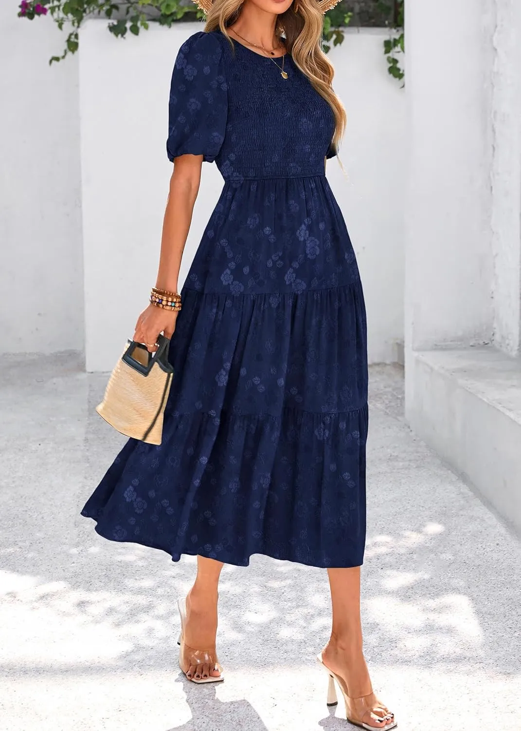 KIRUNDO Womens Summer Dresses Wedding Guest Floral Midi Sundress Short Puff Sleeve Flowy A Line Smocked Tiered Boho Dress