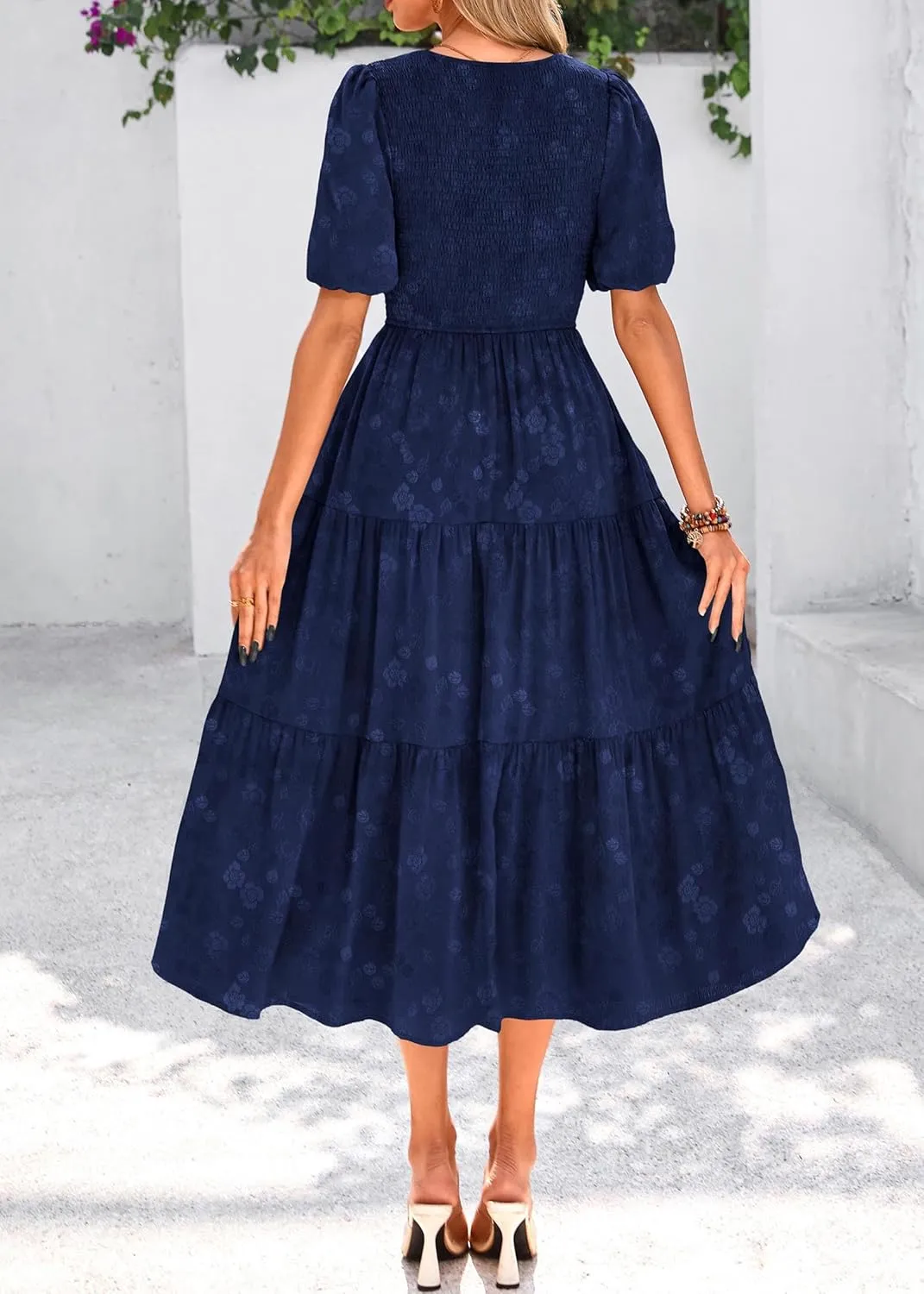 KIRUNDO Womens Summer Dresses Wedding Guest Floral Midi Sundress Short Puff Sleeve Flowy A Line Smocked Tiered Boho Dress