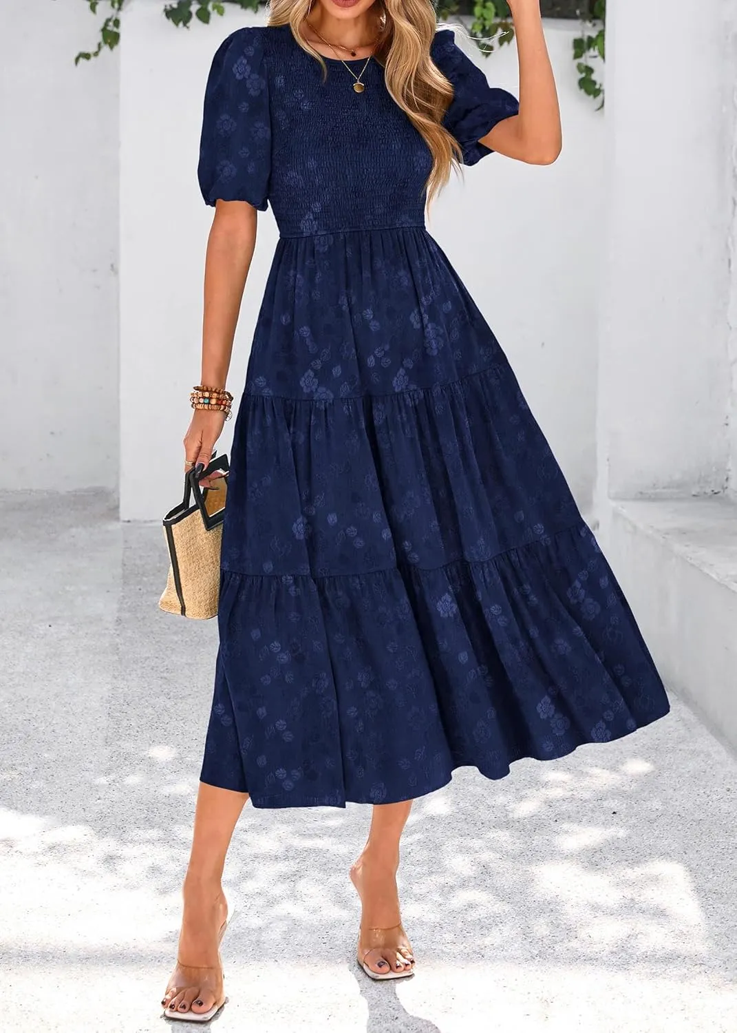 KIRUNDO Womens Summer Dresses Wedding Guest Floral Midi Sundress Short Puff Sleeve Flowy A Line Smocked Tiered Boho Dress