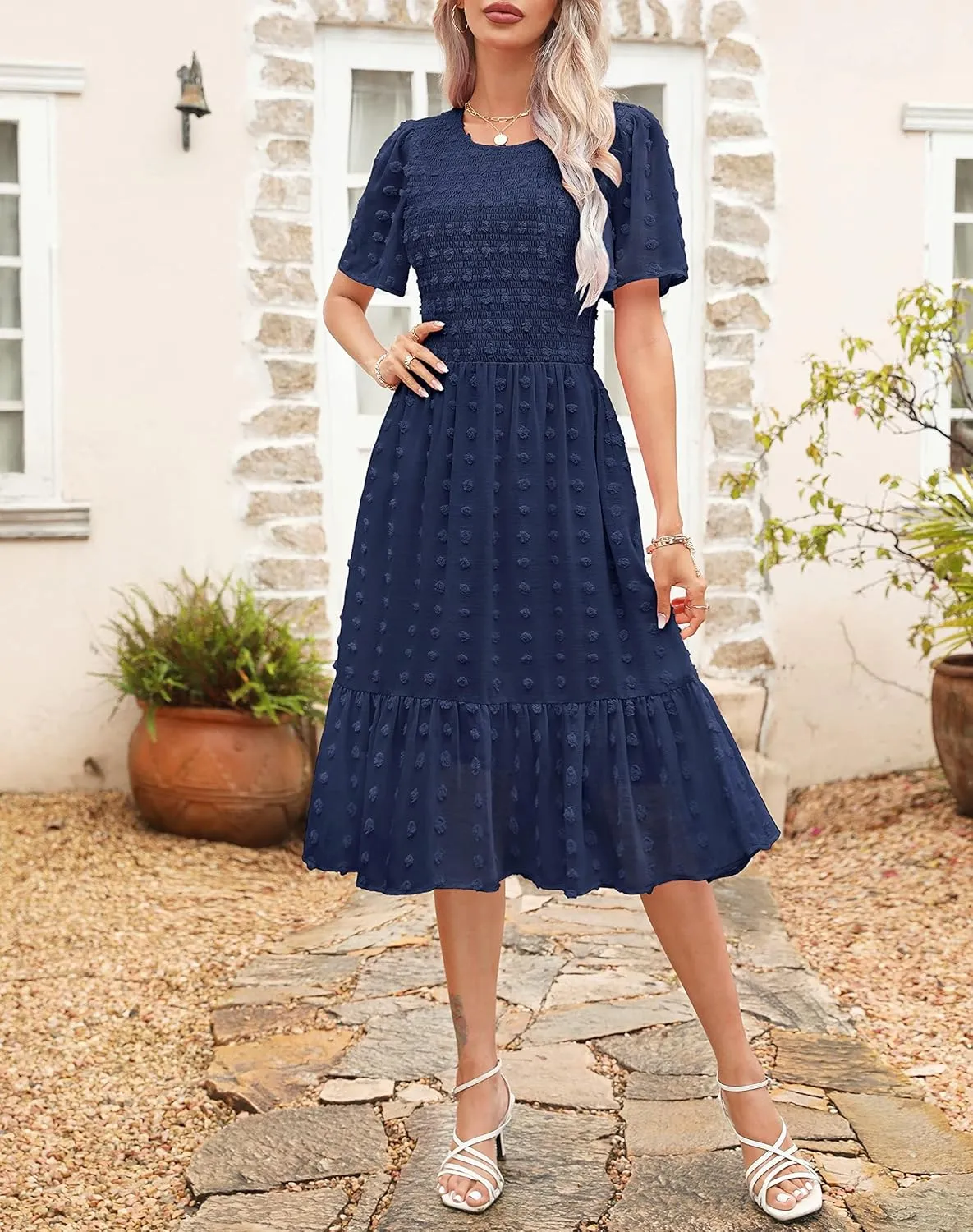 Kranda Women 2025 Summer Spring Round Neck Flutter Short Sleeve Casual Swing Flowy Ruffle Smocked Swiss Dot Midi Dress