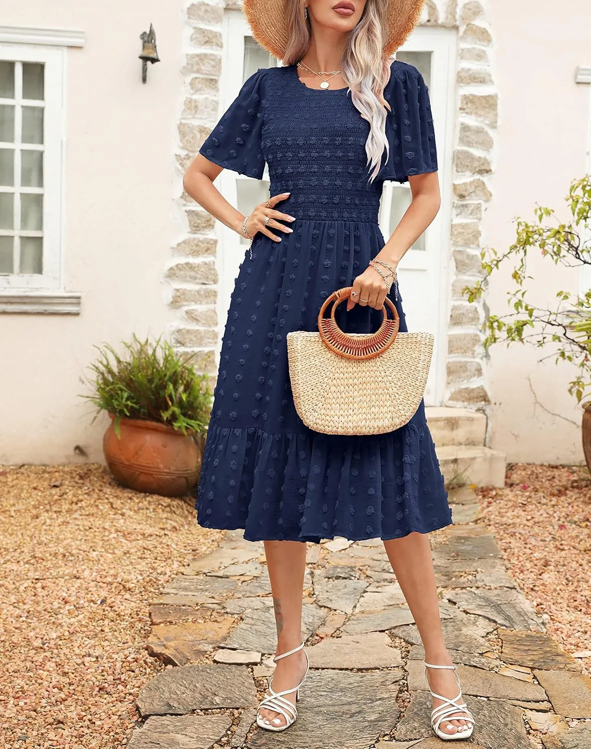Kranda Women 2025 Summer Spring Round Neck Flutter Short Sleeve Casual Swing Flowy Ruffle Smocked Swiss Dot Midi Dress