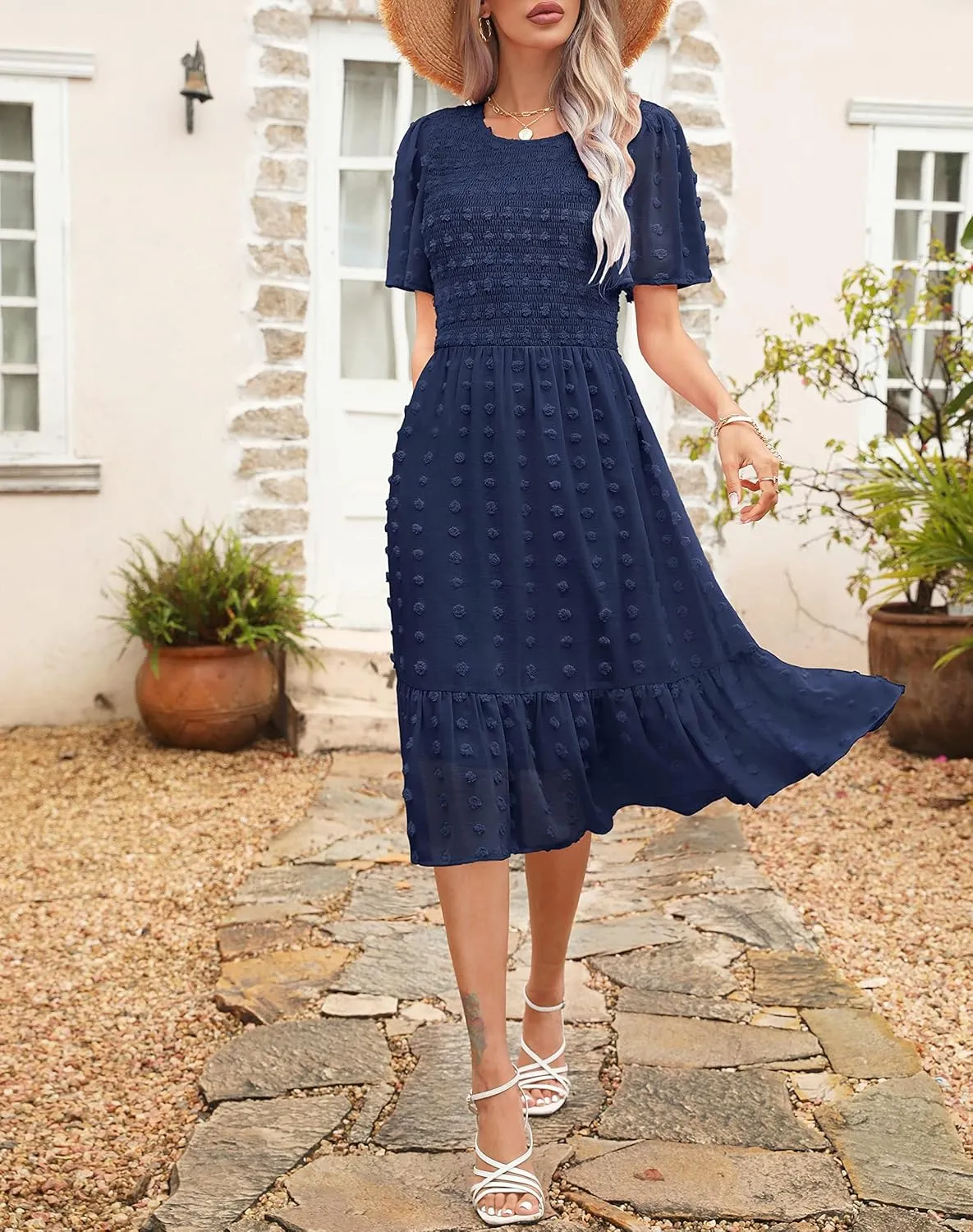Kranda Women 2025 Summer Spring Round Neck Flutter Short Sleeve Casual Swing Flowy Ruffle Smocked Swiss Dot Midi Dress