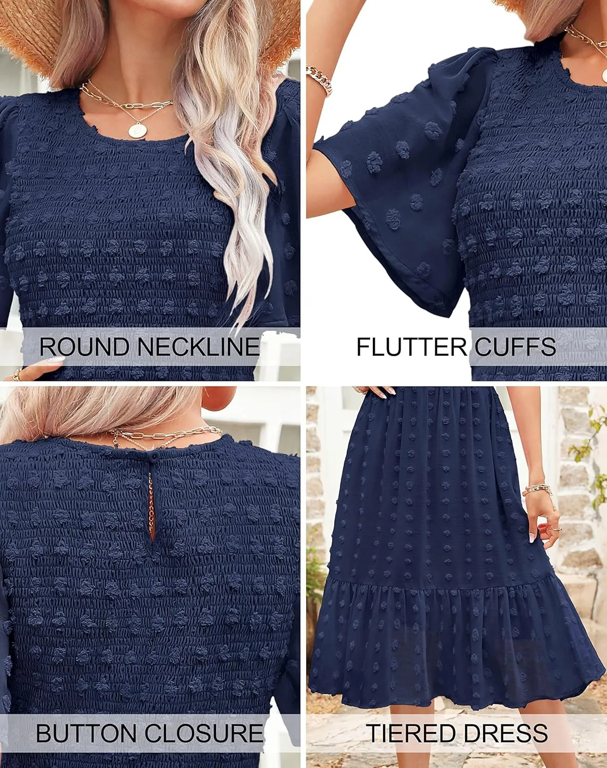 Kranda Women 2025 Summer Spring Round Neck Flutter Short Sleeve Casual Swing Flowy Ruffle Smocked Swiss Dot Midi Dress