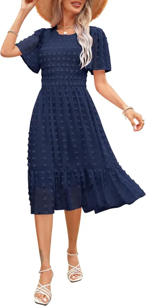 Kranda Women 2025 Summer Spring Round Neck Flutter Short Sleeve Casual Swing Flowy Ruffle Smocked Swiss Dot Midi Dress