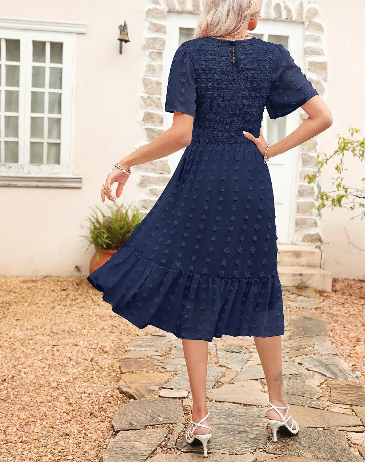 Kranda Women 2025 Summer Spring Round Neck Flutter Short Sleeve Casual Swing Flowy Ruffle Smocked Swiss Dot Midi Dress