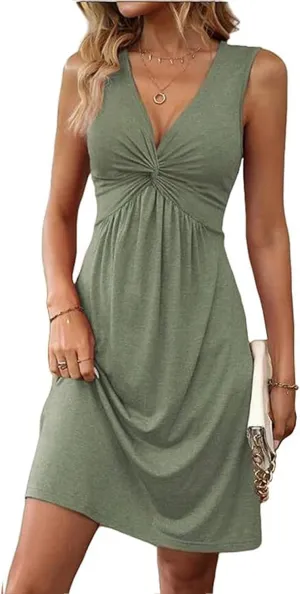 Kubbon Summer Dresses for Women Twist Front V Neck Ruffle Sleeveless Dress Solid Casual A Line Dress Vacation Outfits