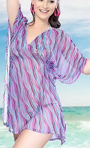 LA LEELA Chiffon Printed Loose Blouse Cover Up OSFM 8-14 [M-L] Purple_5253