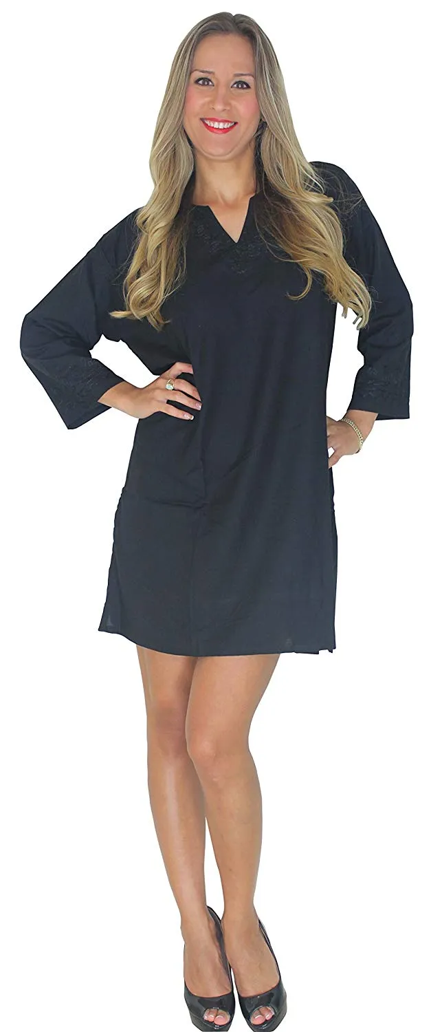 LA LEELA Rayon Solid Beachwear Loose Cover Up OSFM 10-14 [M-L] Black_4960