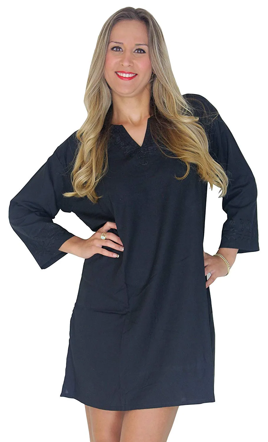 LA LEELA Rayon Solid Beachwear Loose Cover Up OSFM 10-14 [M-L] Black_4960