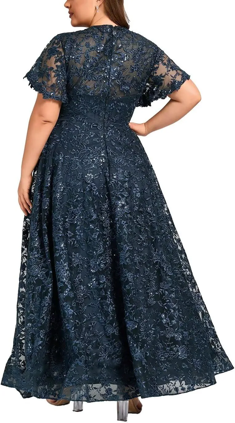 Lace Appliques Mother of The Bride Dresses for Wedding Short Sleeves Long Formal Evening Prom Dress