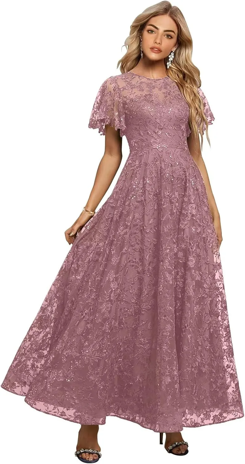 Lace Appliques Mother of The Bride Dresses for Wedding Short Sleeves Long Formal Evening Prom Dress