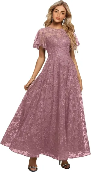 Lace Appliques Mother of The Bride Dresses for Wedding Short Sleeves Long Formal Evening Prom Dress