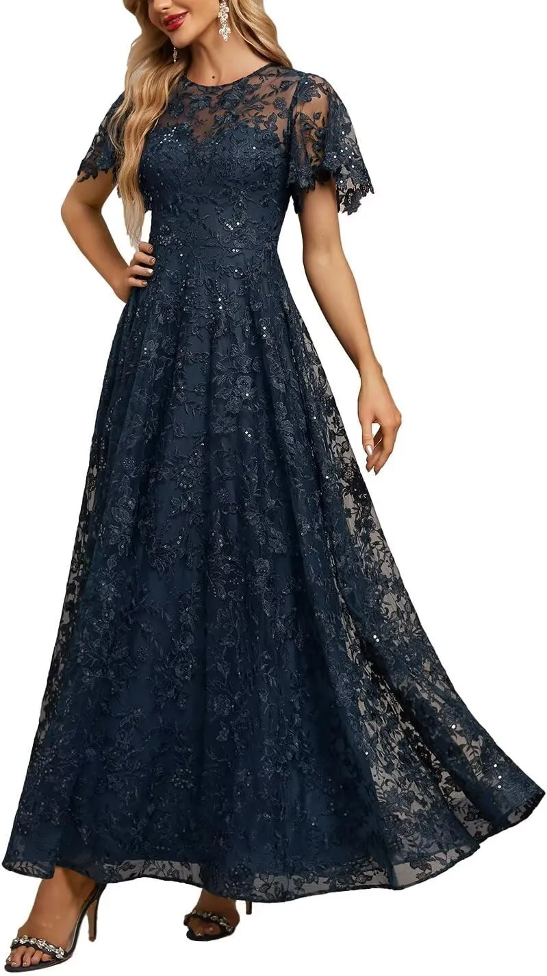 Lace Appliques Mother of The Bride Dresses for Wedding Short Sleeves Long Formal Evening Prom Dress