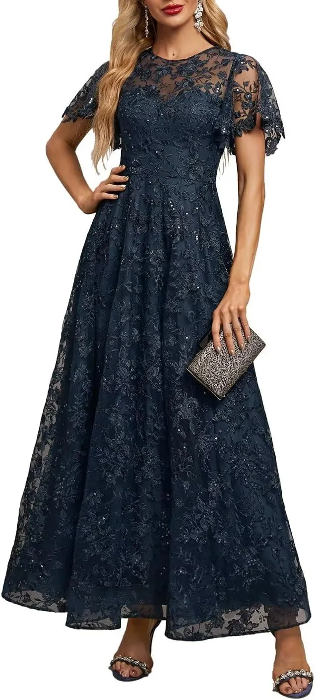 Lace Appliques Mother of The Bride Dresses for Wedding Short Sleeves Long Formal Evening Prom Dress