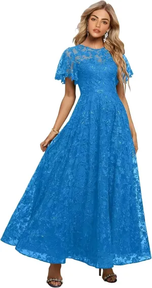 Lace Appliques Mother of The Bride Dresses for Wedding Short Sleeves Long Formal Evening Prom Dress