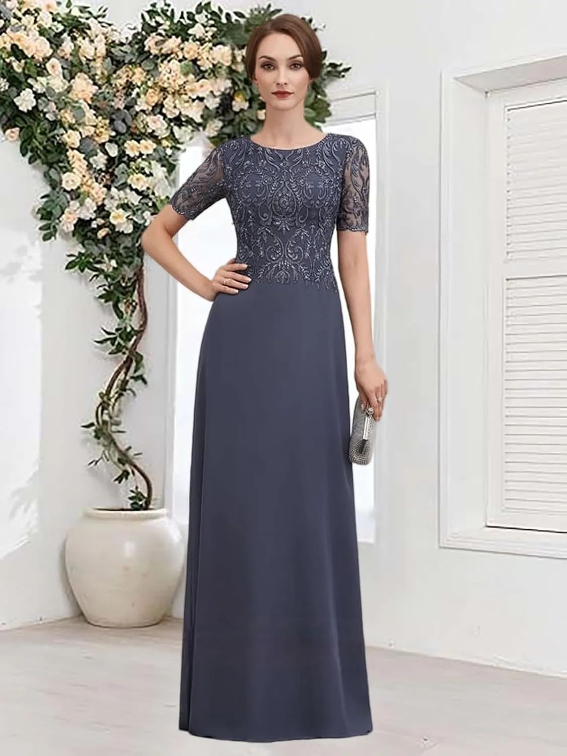 Lace Sequins Mother of The Bride Dresses 2025 Short Sleeve Wedding Guest Dresses for Women Long Chiffon A Line Formal Evening
