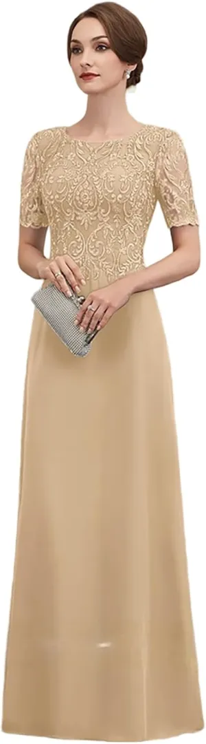 Lace Sequins Mother of The Bride Dresses 2025 Short Sleeve Wedding Guest Dresses for Women Long Chiffon A Line Formal Evening