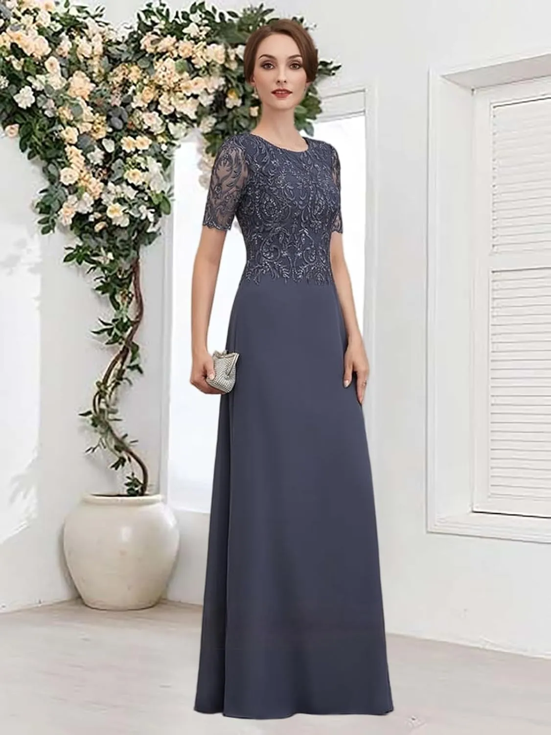 Lace Sequins Mother of The Bride Dresses 2025 Short Sleeve Wedding Guest Dresses for Women Long Chiffon A Line Formal Evening