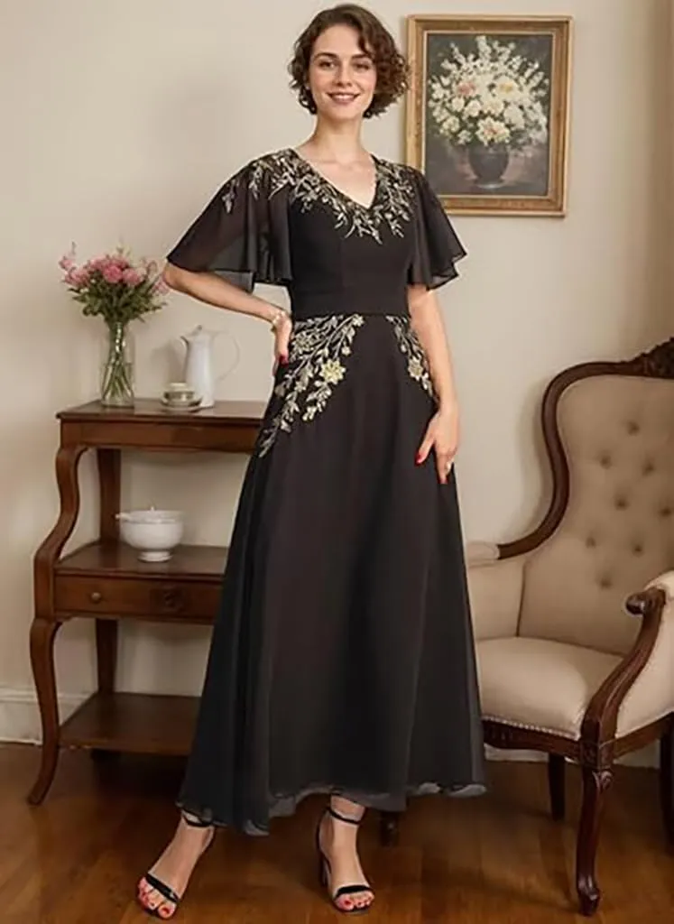 Lace Sequins Mother of The Bride Dresses 2025 Short Sleeve Wedding Guest Dresses for Women Long Chiffon A Line Formal Evening