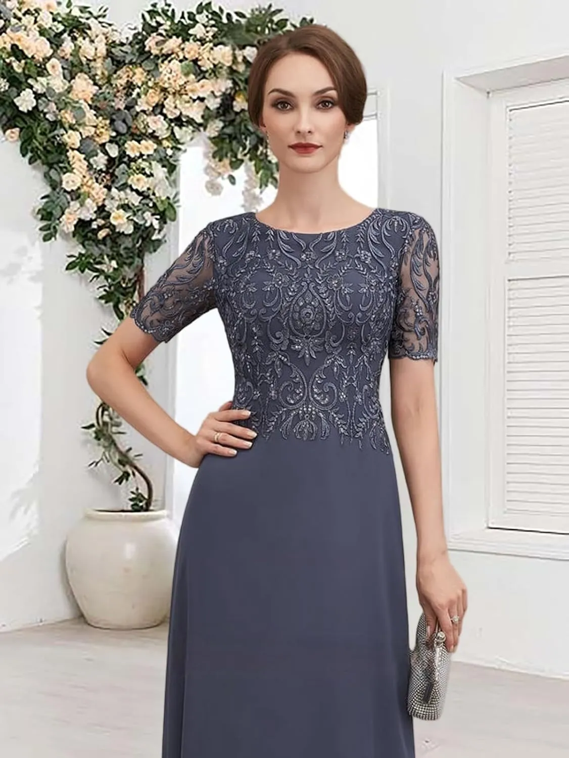 Lace Sequins Mother of The Bride Dresses 2025 Short Sleeve Wedding Guest Dresses for Women Long Chiffon A Line Formal Evening