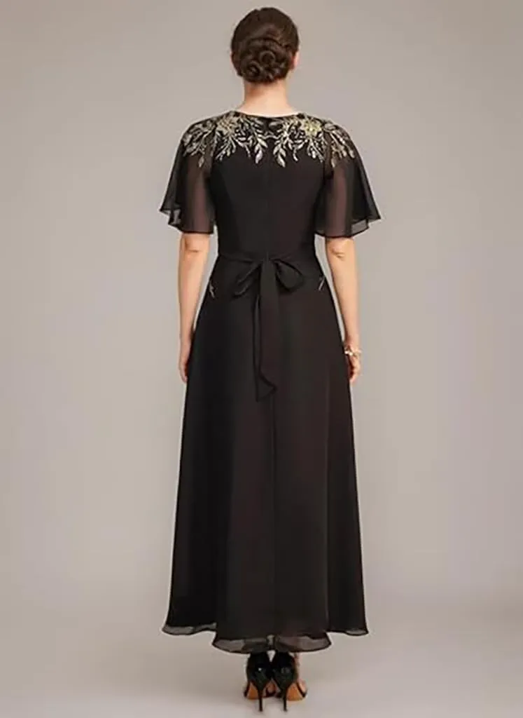Lace Sequins Mother of The Bride Dresses 2025 Short Sleeve Wedding Guest Dresses for Women Long Chiffon A Line Formal Evening